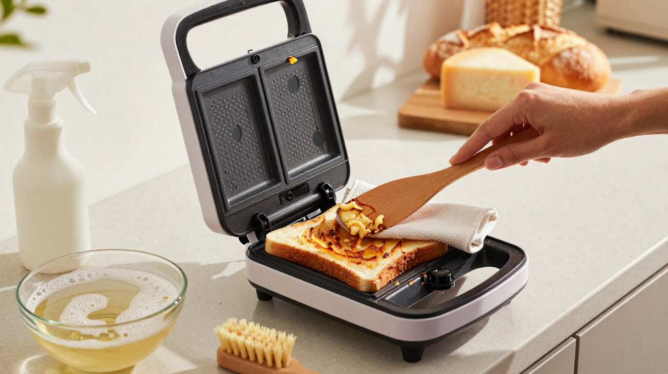 Hand spreading cheese on toast inside a sandwich toaster on a kitchen counter with bread in the background.