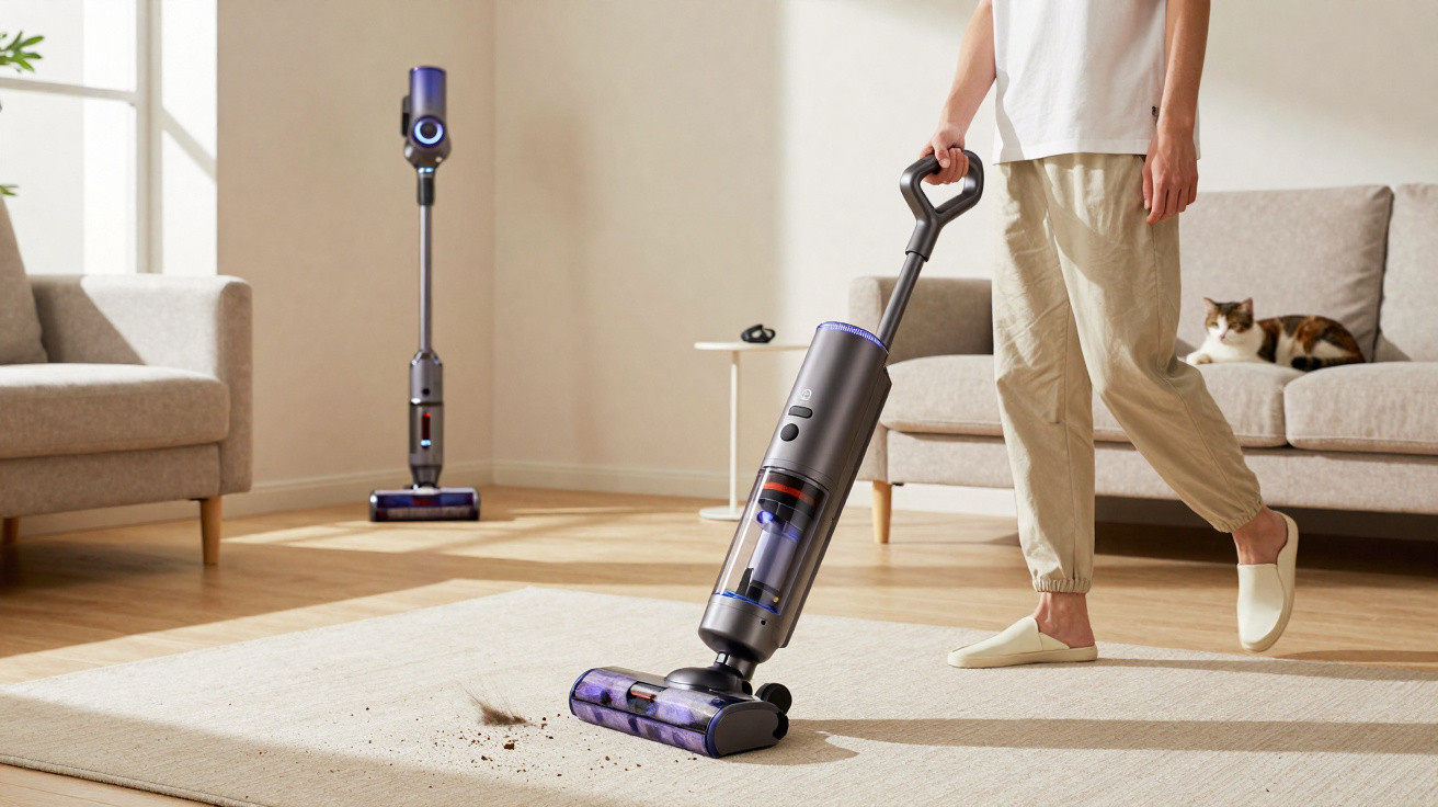 Person using a cordless vacuum to clean a carpet in a bright living room with a cat on the sofa.
