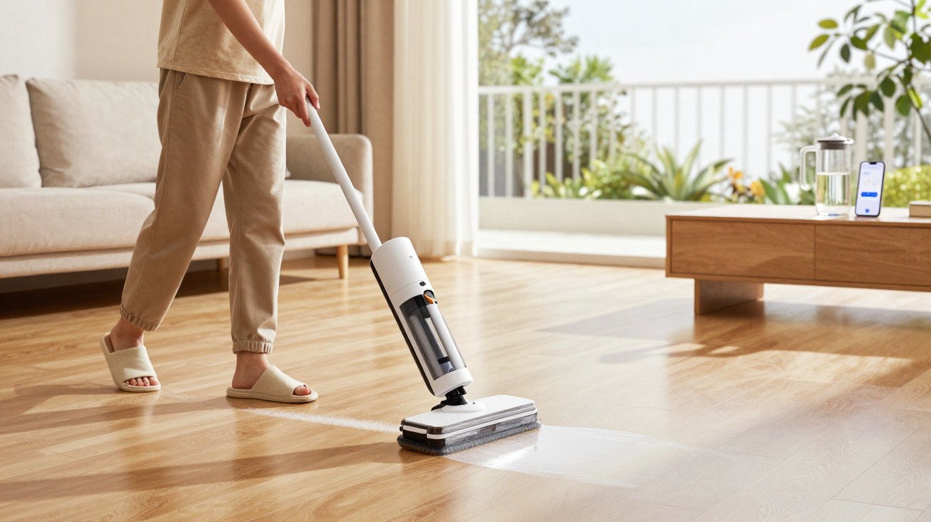 Person vacuuming a clean wooden floor in a bright living room with a modern cordless vacuum cleaner.