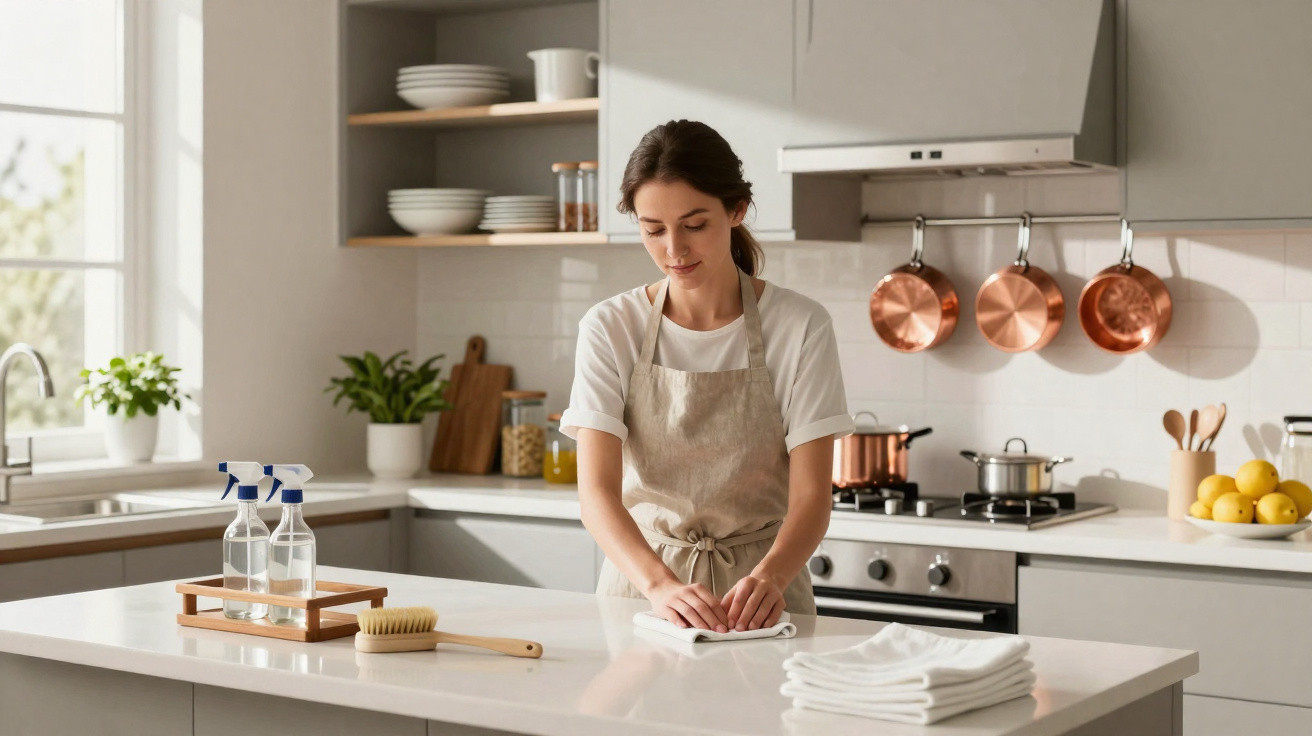 Young woman in apron cleaning a bright modern kitchen countertop with a cloth and cleaning supplies nearby.