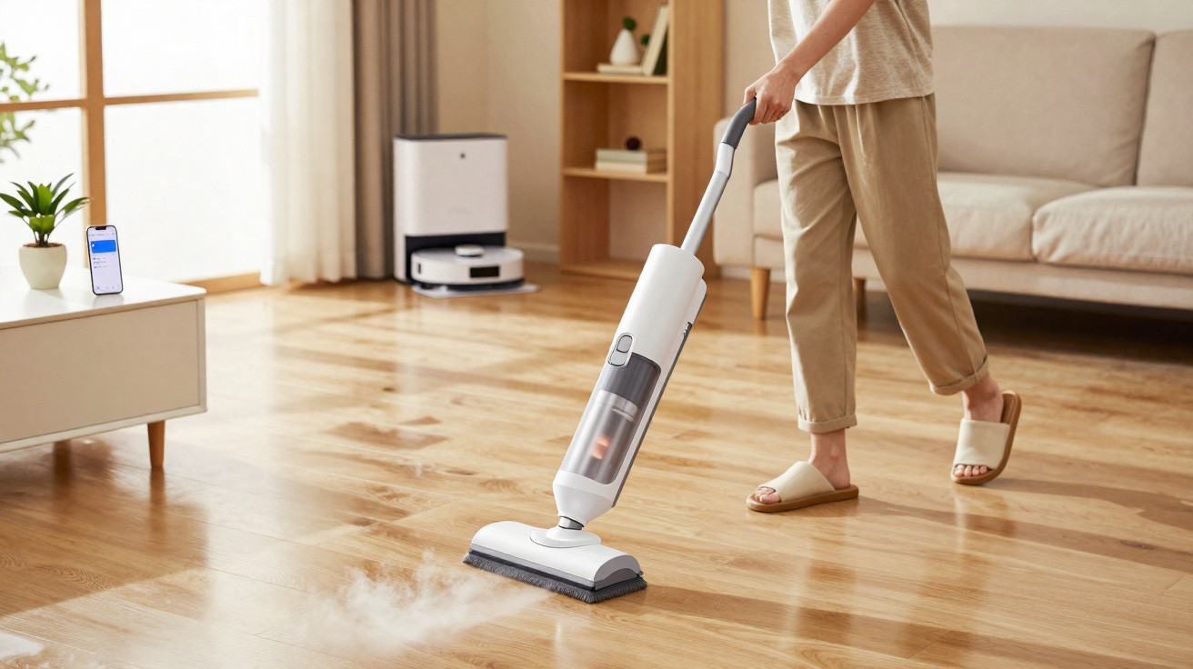 Person using a white cordless vacuum cleaner on wooden floor in a modern living room.