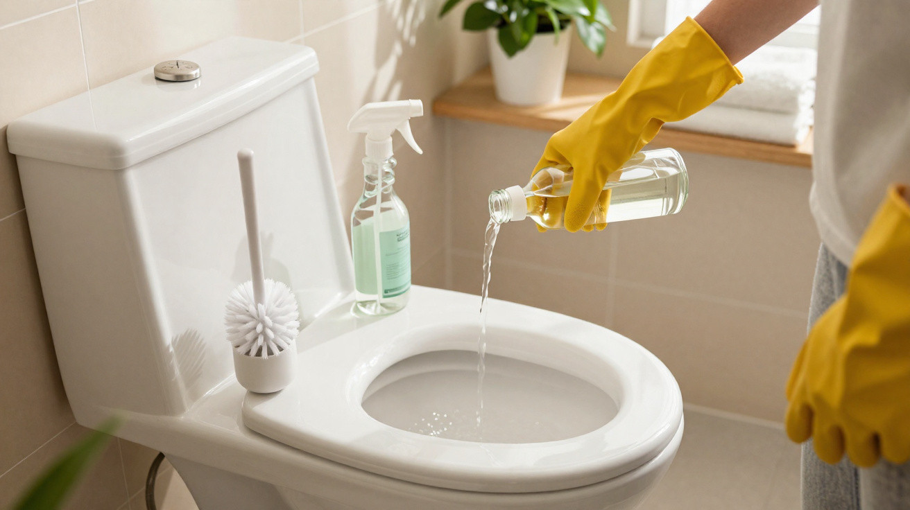 Person wearing yellow gloves pouring cleaner into a toilet bowl in a bright bathroom.