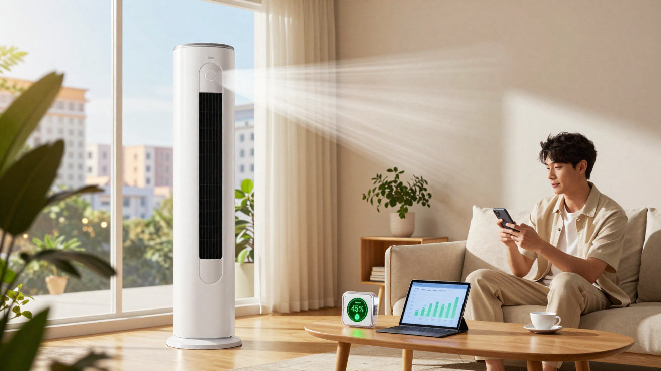 Man sitting on sofa using smartphone with tower fan blowing cool air and laptop on coffee table in bright room.
