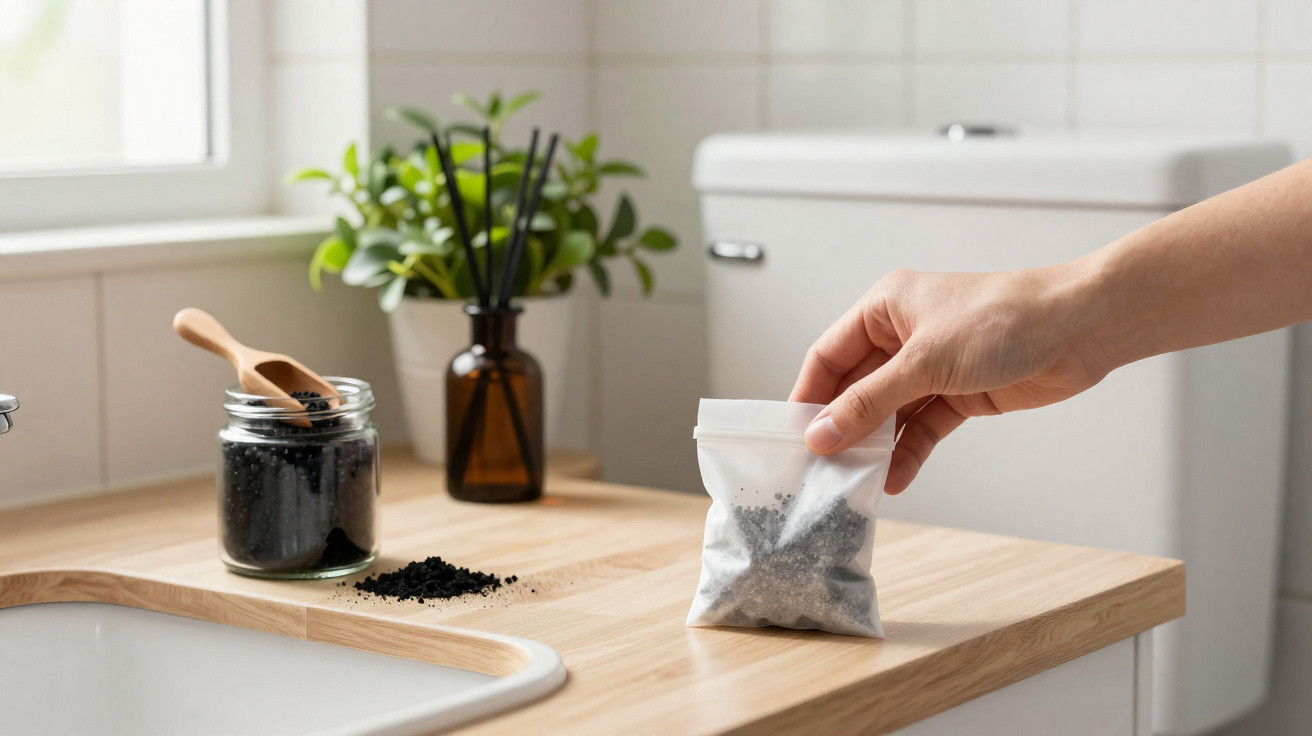 Hand placing a reusable pouch of black loose tea next to a jar with wooden scoops on a kitchen counter.