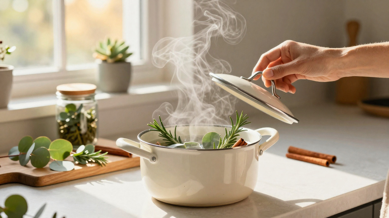 Hand lifting lid of steaming white pot with herbs on kitchen counter near window with plants.