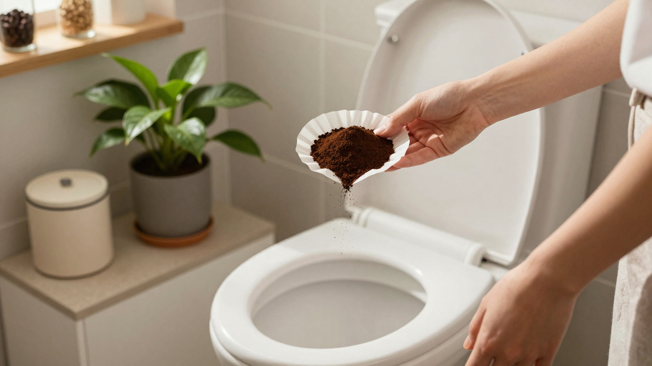 Hand holding a coffee filter with coffee grounds over a toilet bowl in a bathroom.