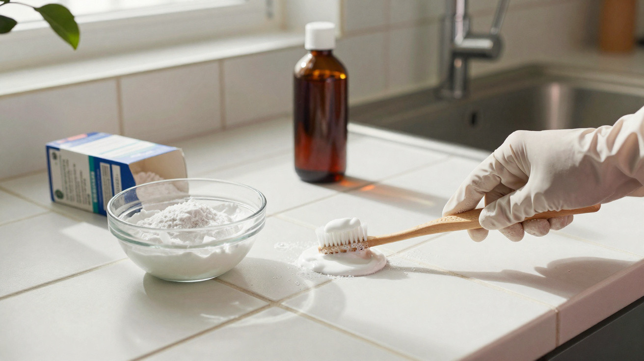 Hand in glove scrubbing white tiled surface with a toothbrush and baking soda paste on a kitchen counter.