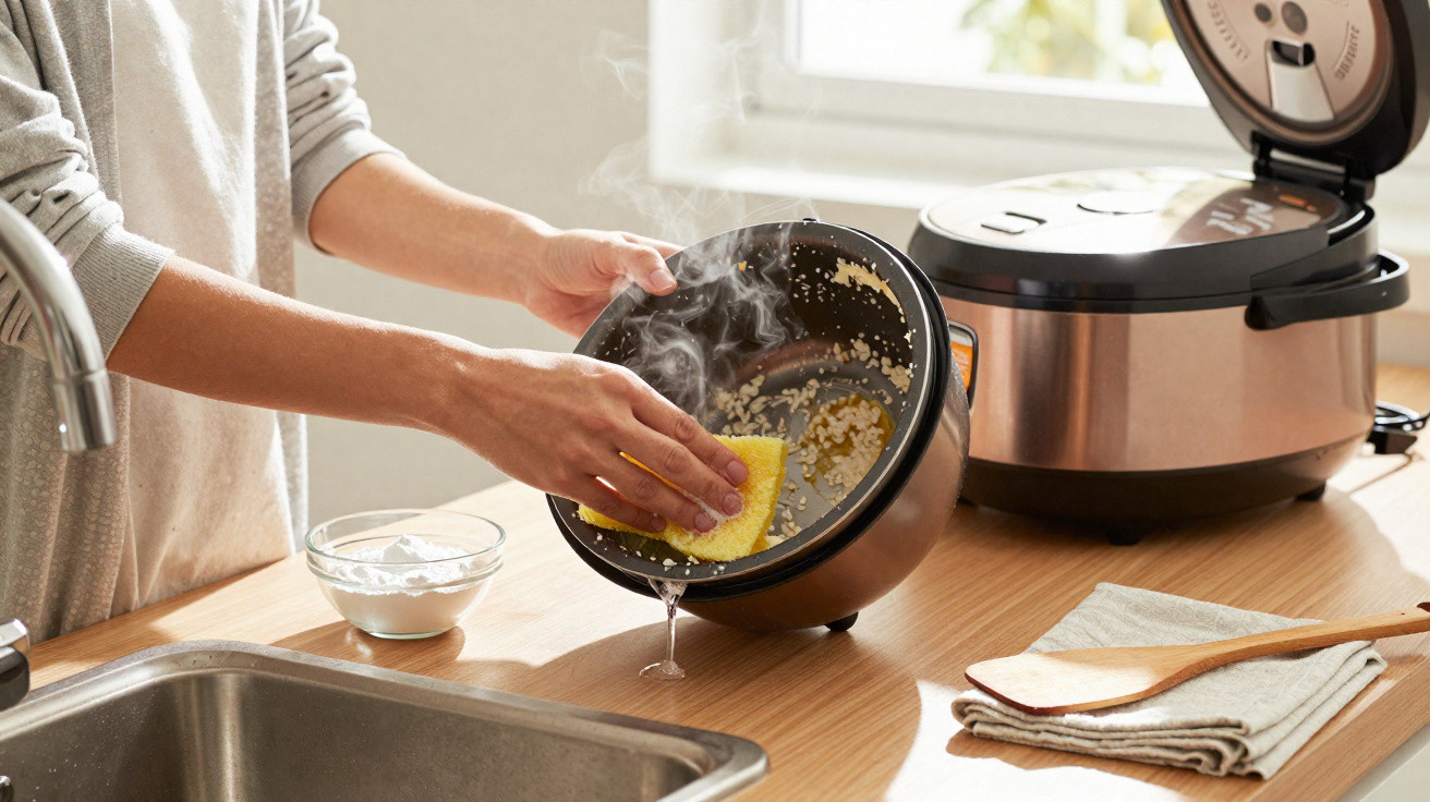Person cleaning steaming inner pot of rice cooker with yellow sponge in bright kitchen.