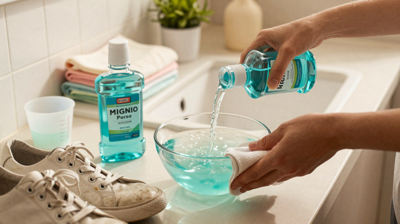 Hands pouring blue mouthwash into a glass bowl on a bathroom counter with dirty sneakers nearby.