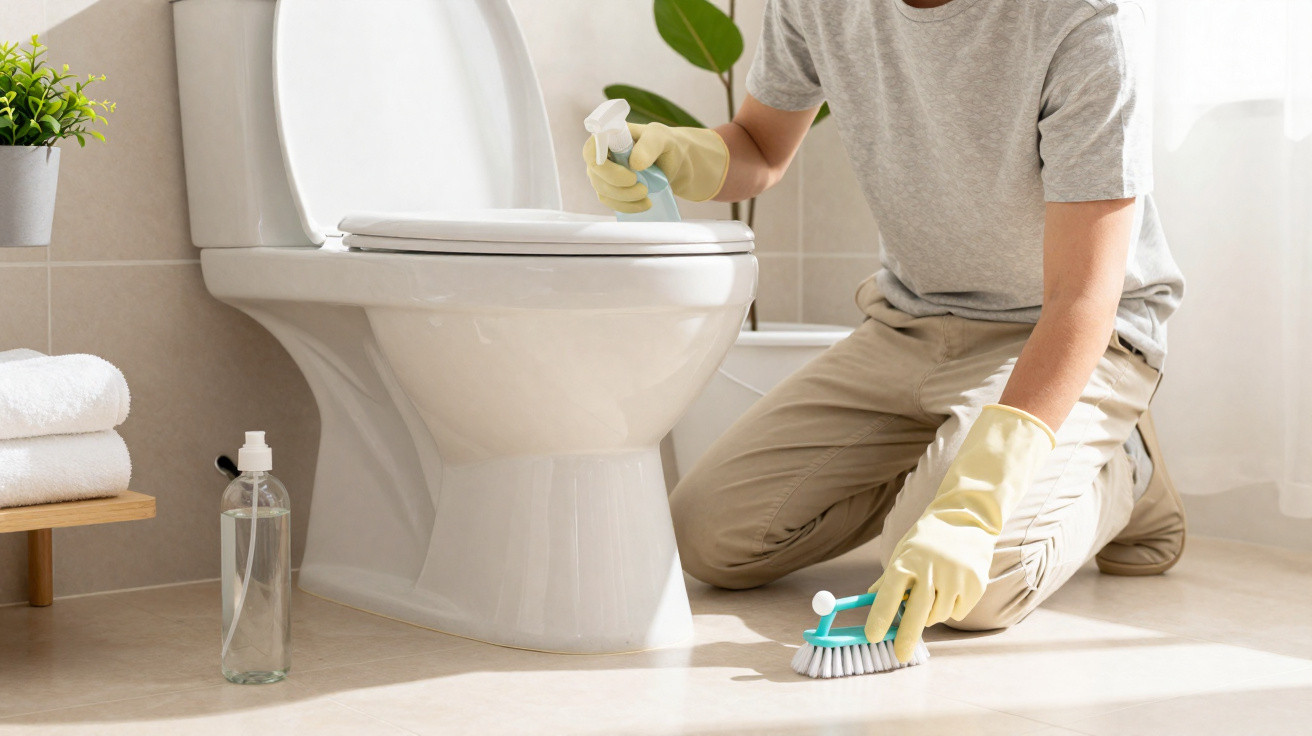 Person wearing gloves cleaning a toilet bowl with brush and spray bottle in a bright bathroom.