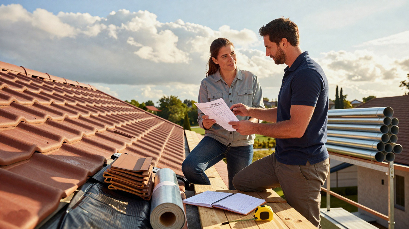 Two people discussing plans on a rooftop with construction materials around them on a sunny day.