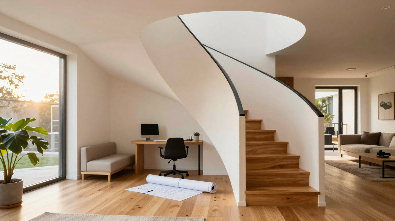 Modern interior with wooden spiral staircase, home office desk, rolled architectural plans, and large window letting in sunli