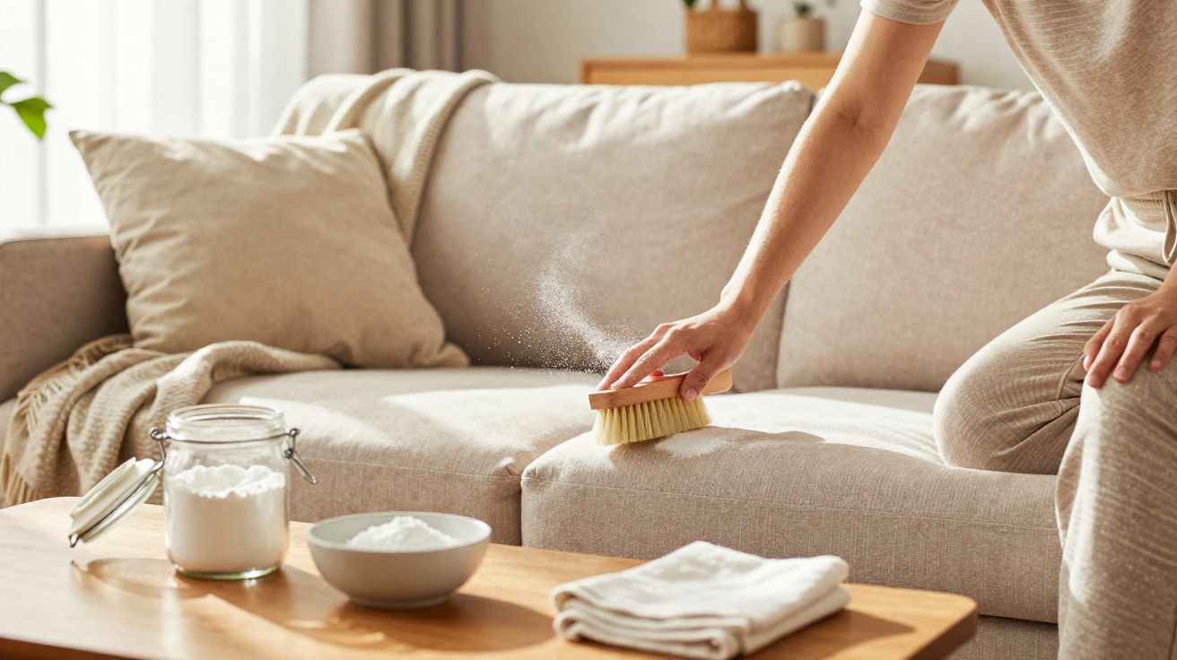 Person cleaning a beige fabric sofa with a brush and baking soda on a wooden coffee table nearby.