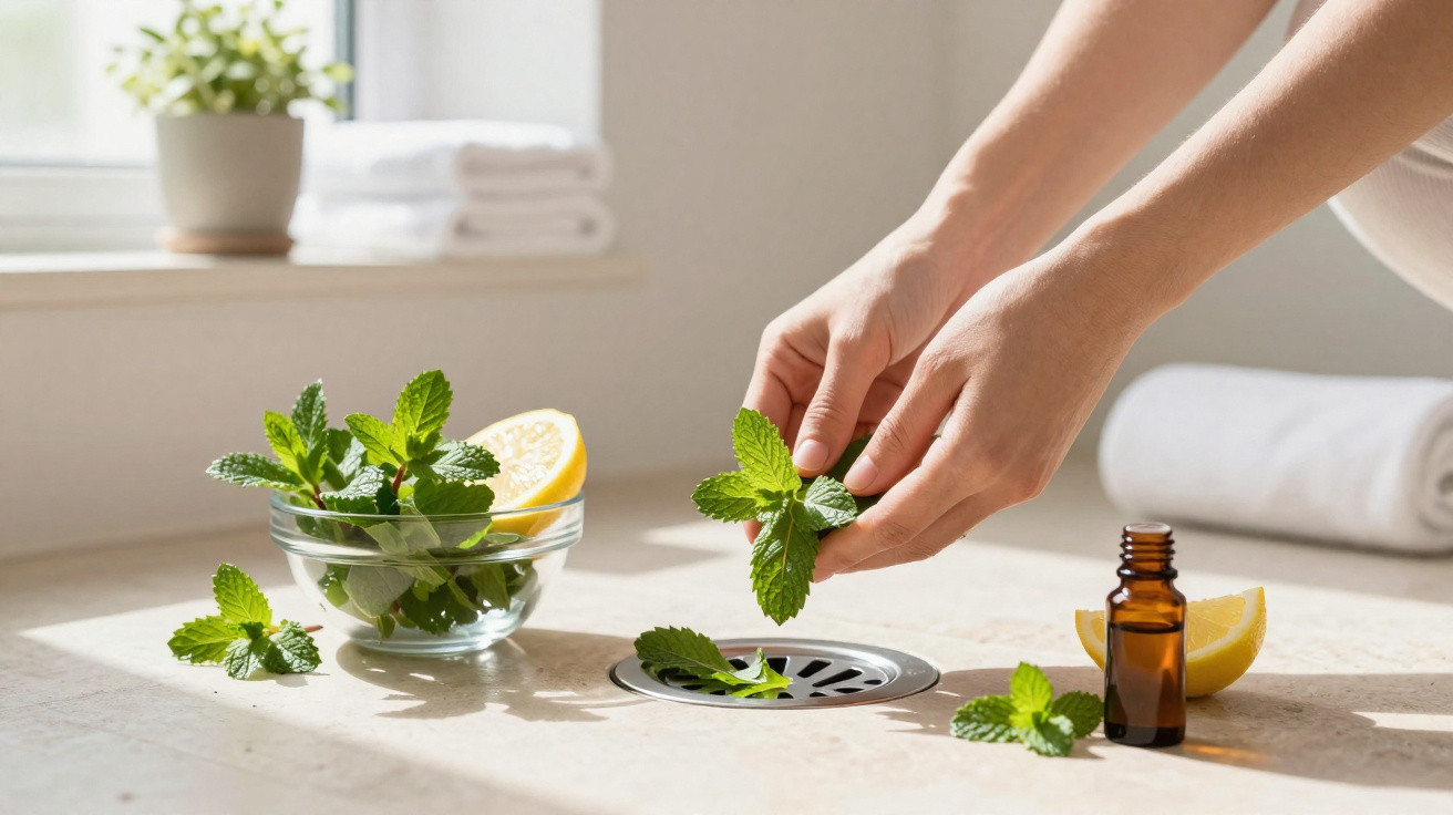 Hands placing fresh mint leaves near a glass bowl, lemon slice, and small amber bottle on a light kitchen countertop.