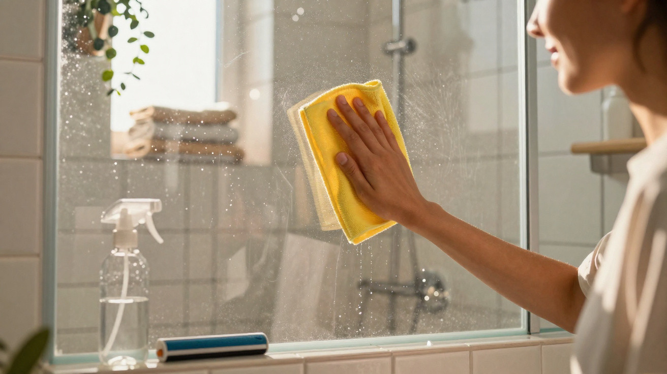 Person cleaning a bathroom mirror with a yellow cloth and cleaning spray bottle nearby.