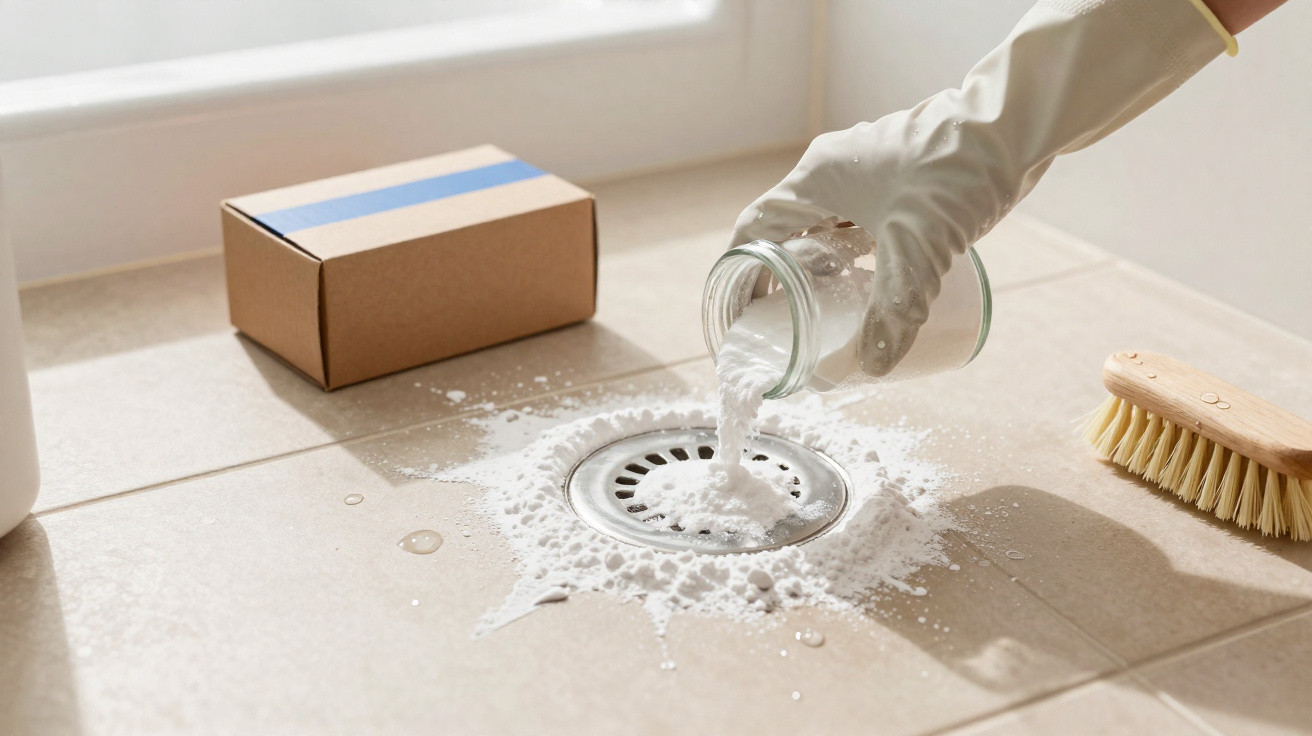 Hand wearing a glove pouring baking soda from a jar into a tiled floor drain with a brush and box nearby.