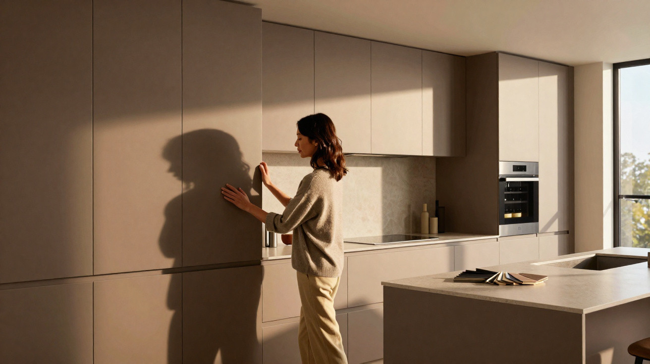 Woman opening cabinet door in a modern kitchen with beige cabinets and natural light from a window.