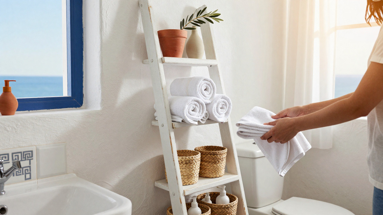 Person folding white towels in a bright bathroom with a ladder shelf holding rolled towels and wicker baskets.