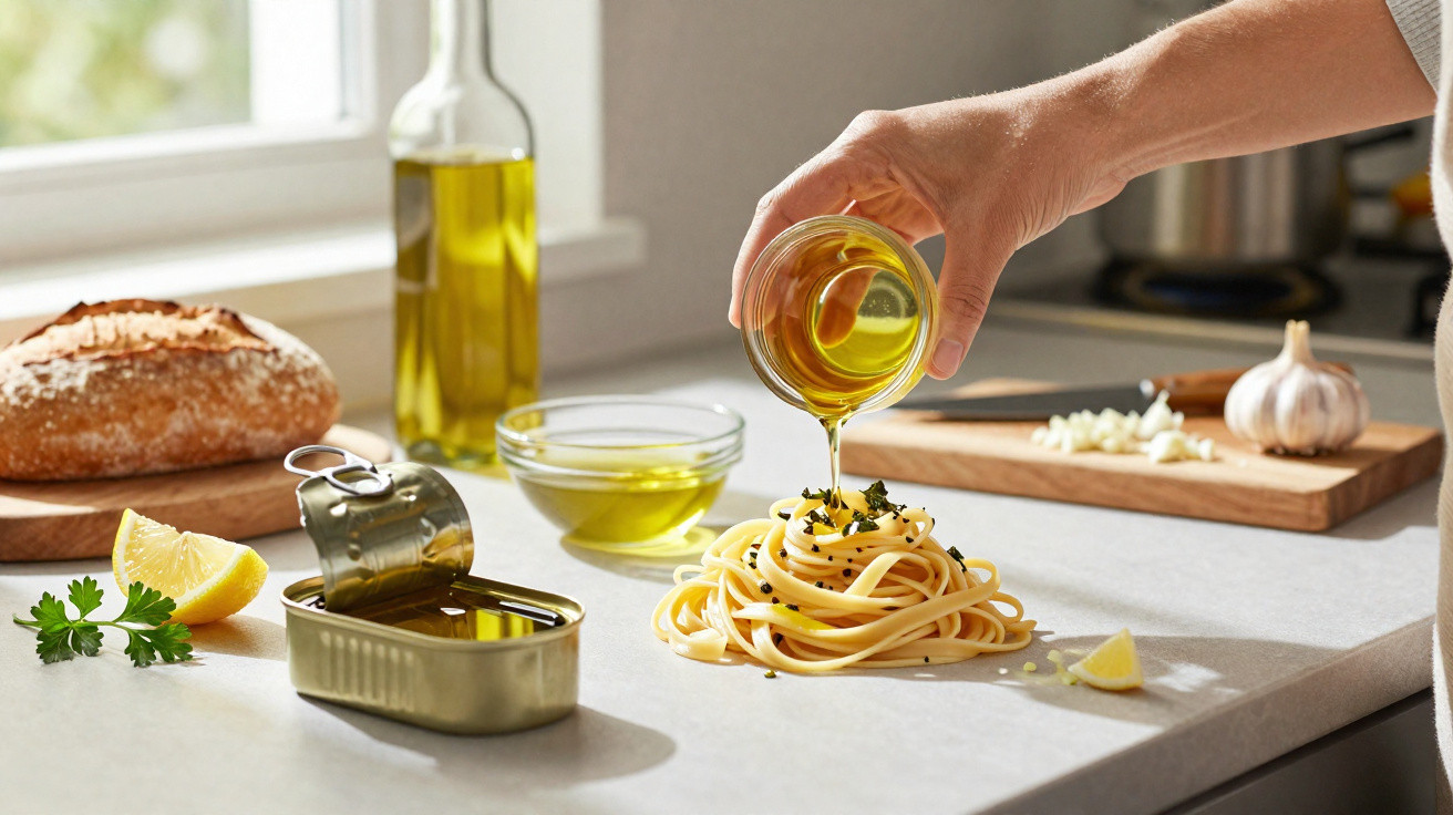 Hand pouring olive oil over cooked pasta with herbs on a kitchen counter with bread and garlic nearby.
