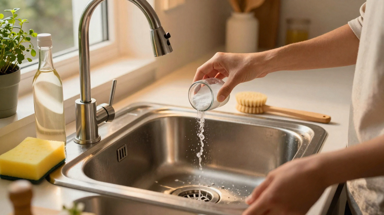 Person pouring white powder cleaner into a stainless steel kitchen sink with cleaning tools nearby.