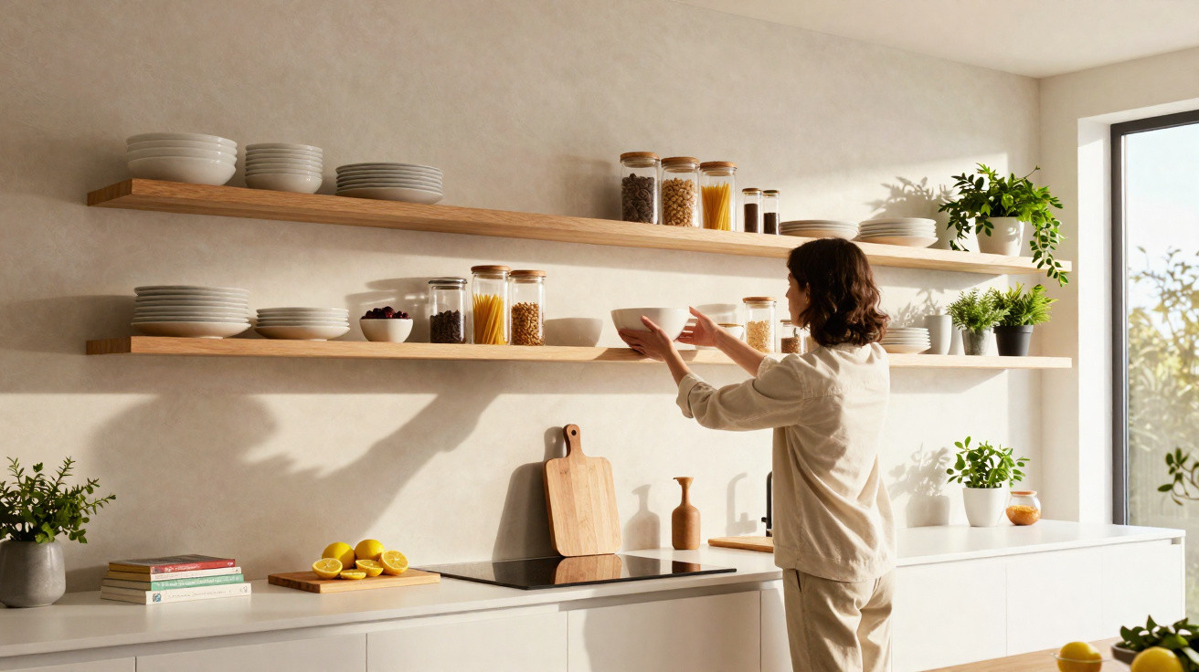 Person placing a bowl on wooden kitchen shelves filled with jars, plants, and plates in natural light.
