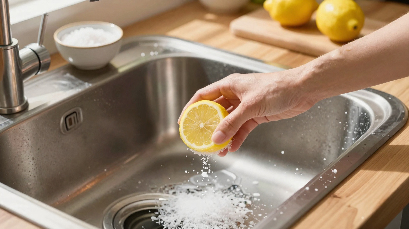 Hand squeezing lemon over salt in a stainless steel kitchen sink with lemons on a wooden countertop.
