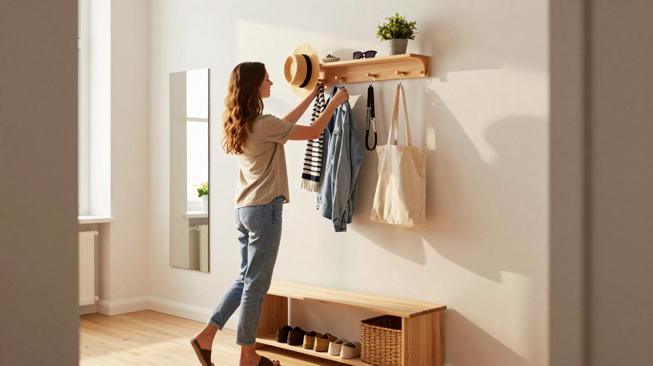 Woman hanging clothes on a wooden coat rack in a bright, minimalist hallway with a mirror and shoe storage bench.