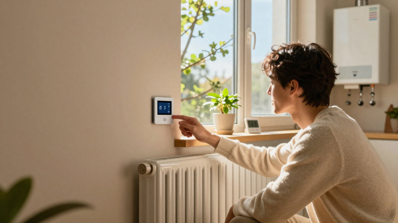 Person adjusting a digital thermostat above a radiator in a sunlit room with a window and plants.