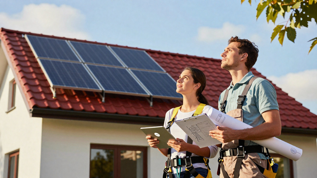 Two workers with tools and plans standing outside a house with solar panels on a red tiled roof.