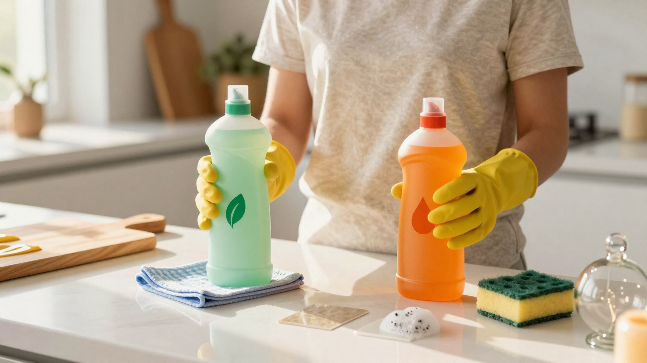Person wearing yellow gloves holding two bottles of dishwashing liquid on a kitchen countertop with cleaning supplies.
