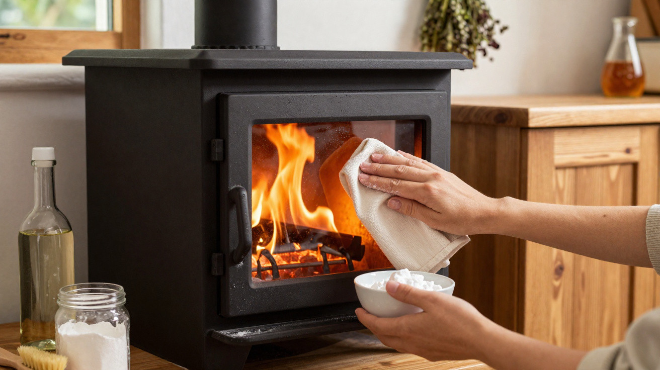 Hands cleaning the glass door of a lit black wood-burning stove with a white cloth inside a wooden kitchen.