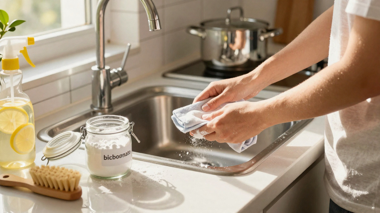 Person cleaning kitchen sink with cloth, bicarbonate jar, lemon spray bottle, and scrub brush nearby.