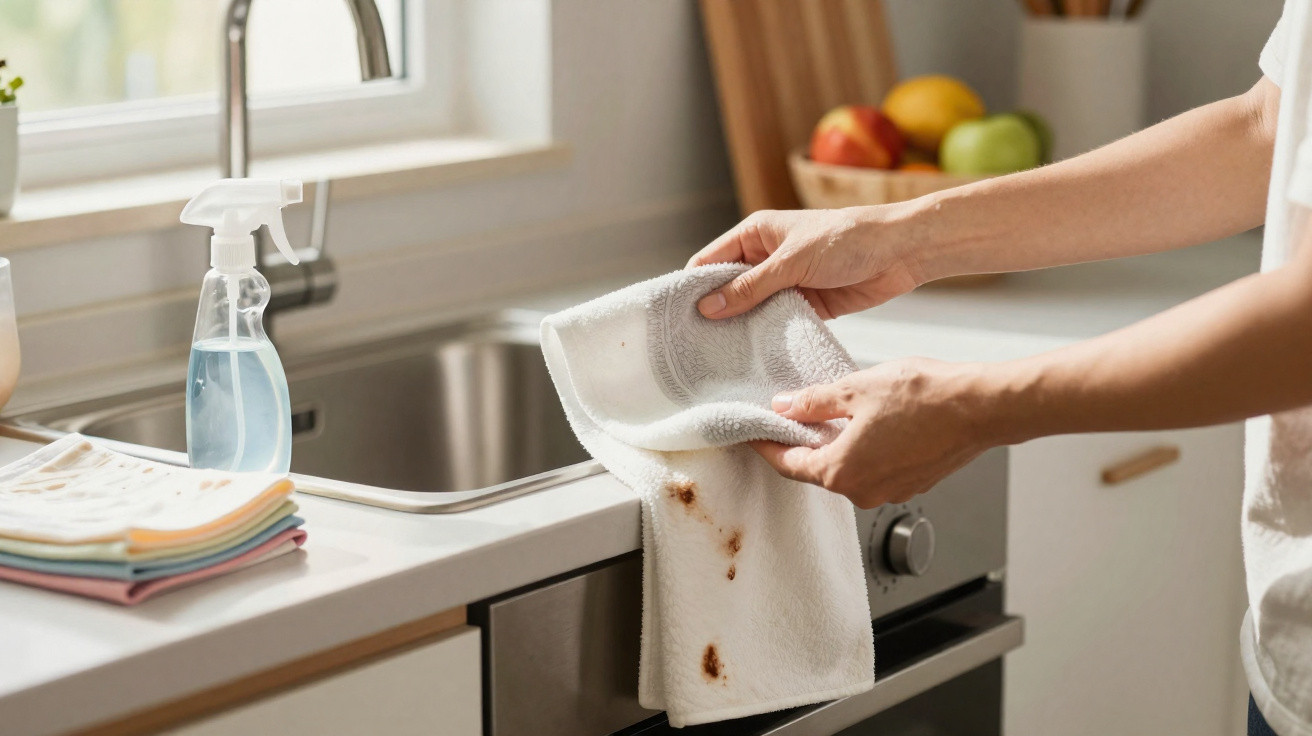 Person holding a stained white kitchen towel in a bright kitchen near a sink with folded cloths and a spray bottle nearby.
