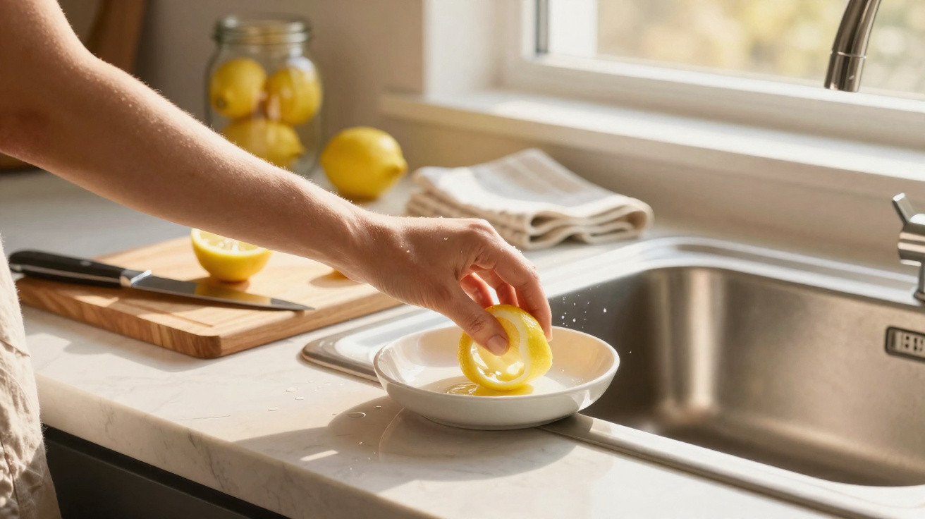 Hand placing a lemon slice into a white bowl on a kitchen counter near a sink with a cutting board and lemons.