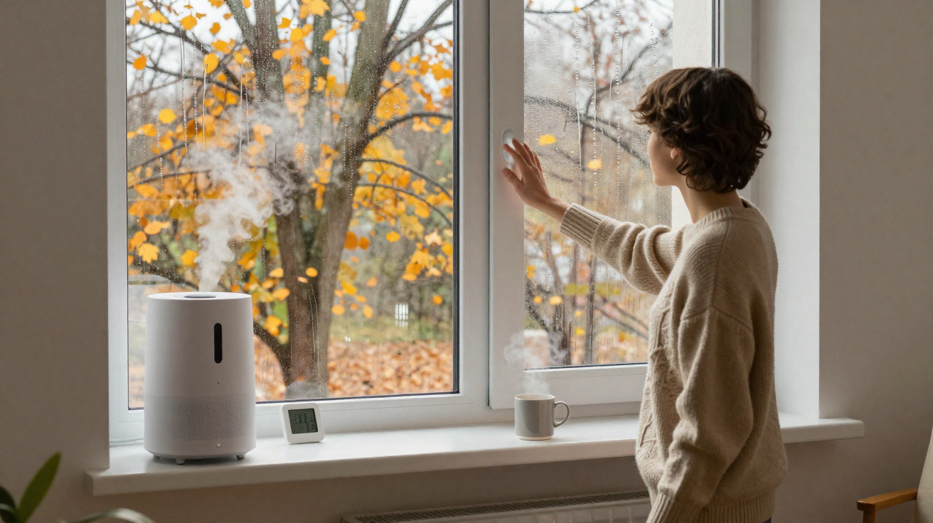 Person in cream sweater standing by a window with a steaming humidifier and autumn foliage outside.