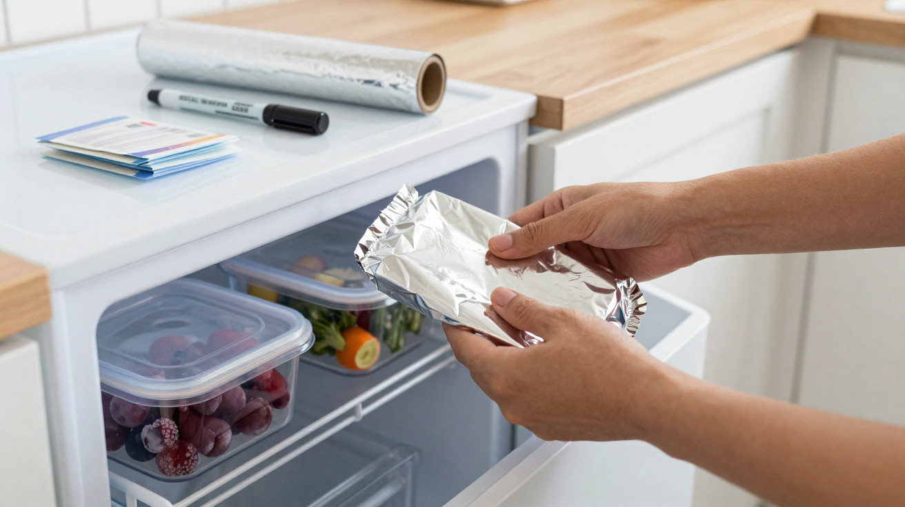 Hands placing foil-wrapped food into a fridge drawer with plastic containers of fruit and vegetables inside.