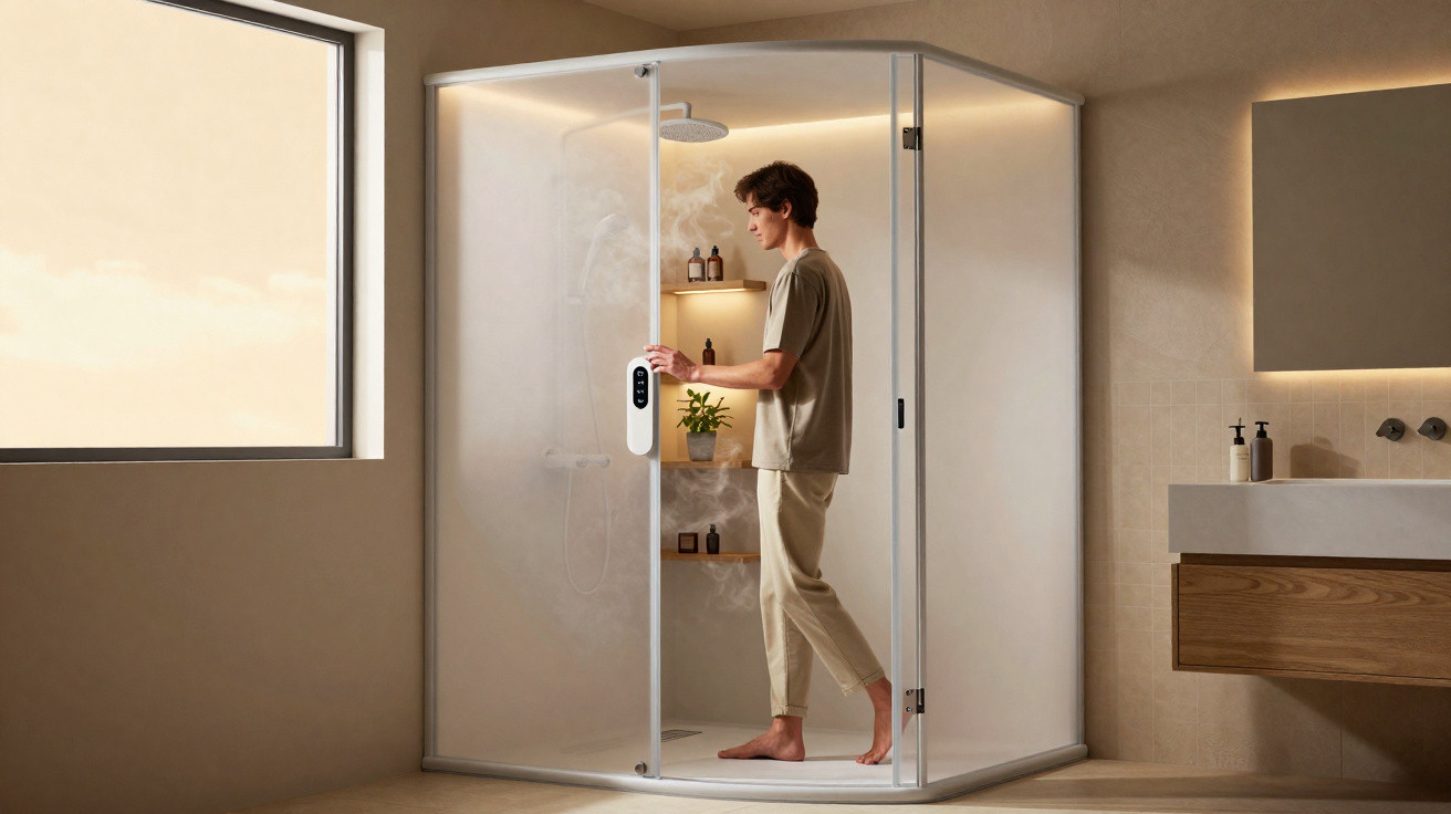 Young man entering a modern shower with glass doors in a minimal beige bathroom at sunset.