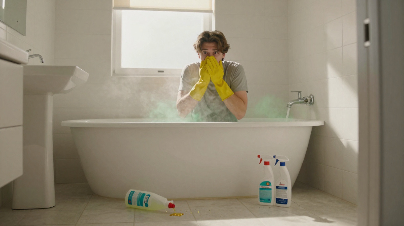 Man in yellow gloves sitting in a bathtub with steam and spilled cleaning products on bathroom floor