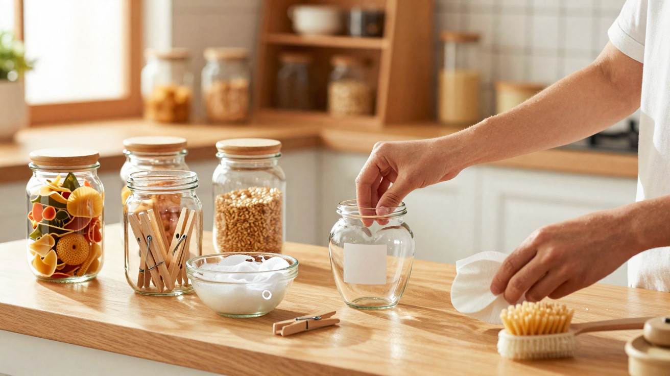 Person organising wooden clothespins into glass jars on a kitchen countertop with other jars and household items.