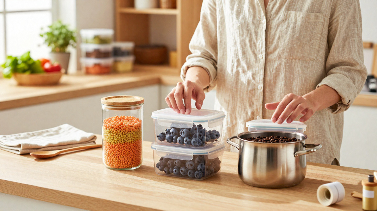 Person sealing plastic food containers filled with blueberries next to a jar of lentils and a pot of coffee beans.