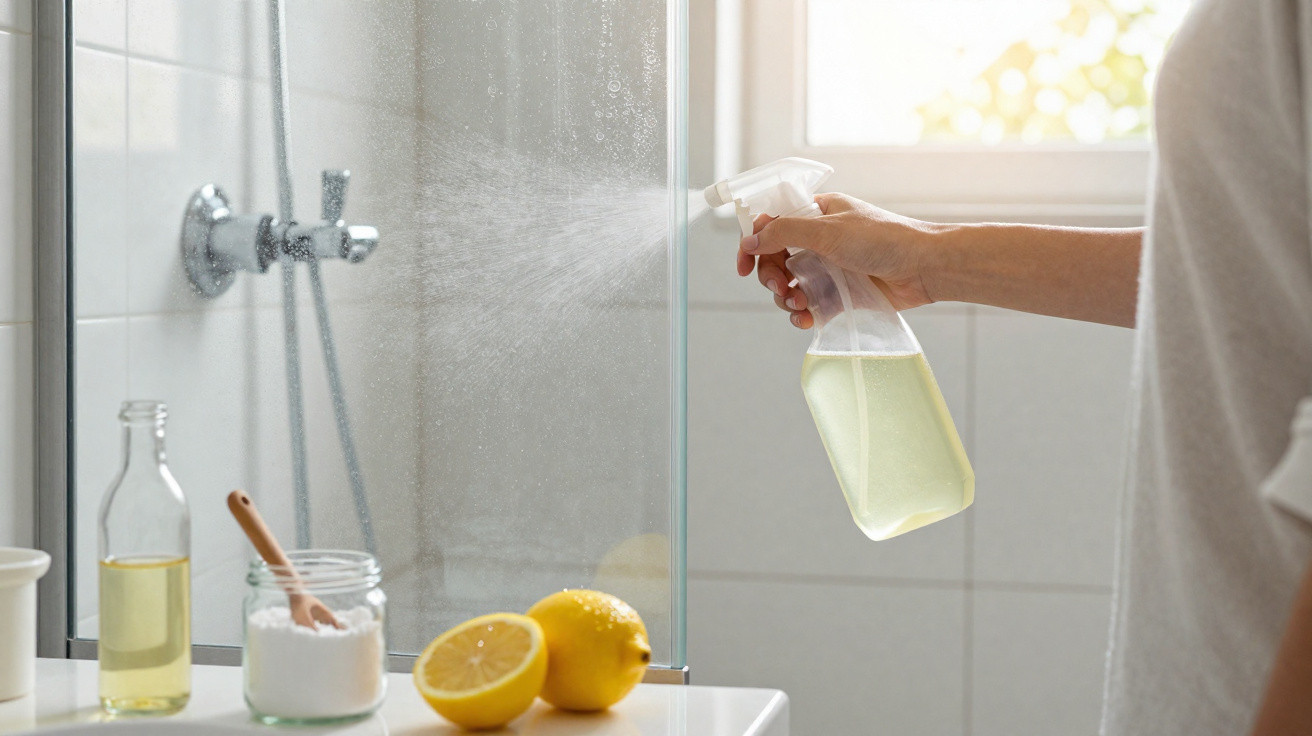 Person spraying natural lemon cleaning solution on a glass shower door in a bright bathroom.