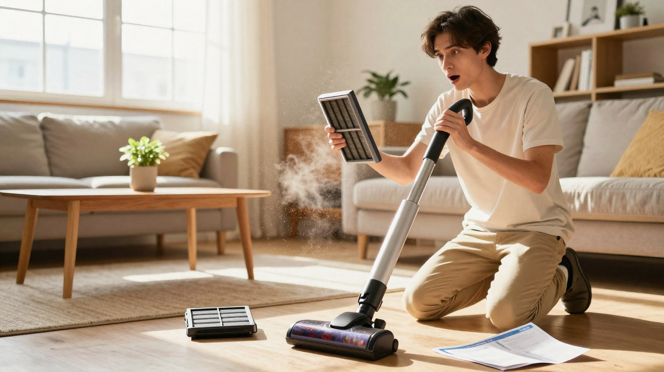 Young man surprised by dust released while cleaning vacuum filter in bright living room.