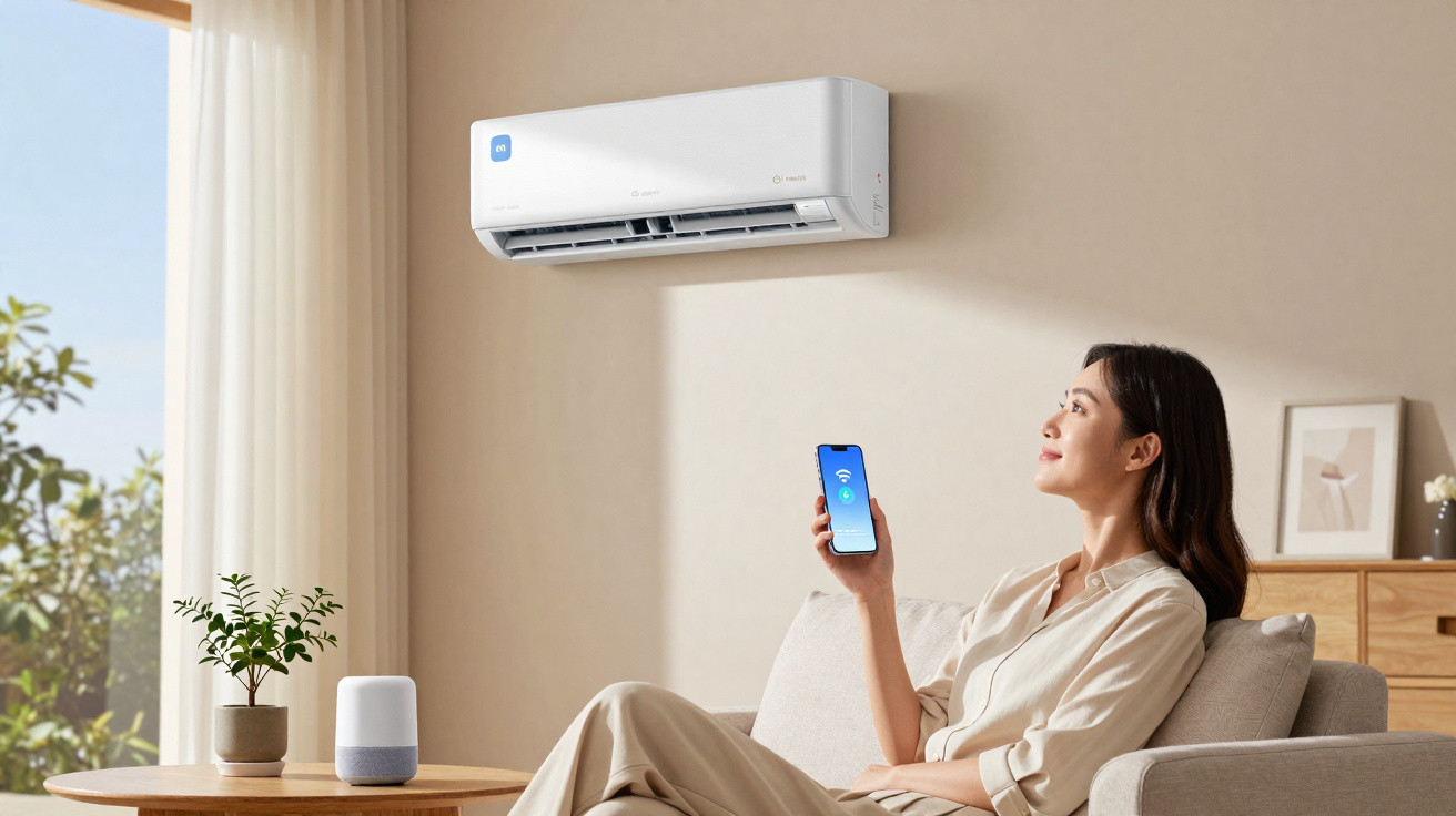 Woman using smartphone to control wall-mounted air conditioner in bright modern living room