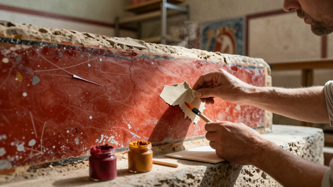 Conservator carefully applying paint to restore decorative plaster on an aged, cracked red surface.