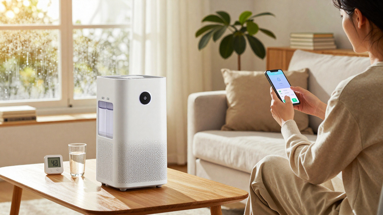 Person controlling white air purifier on wooden table with smartphone in bright living room