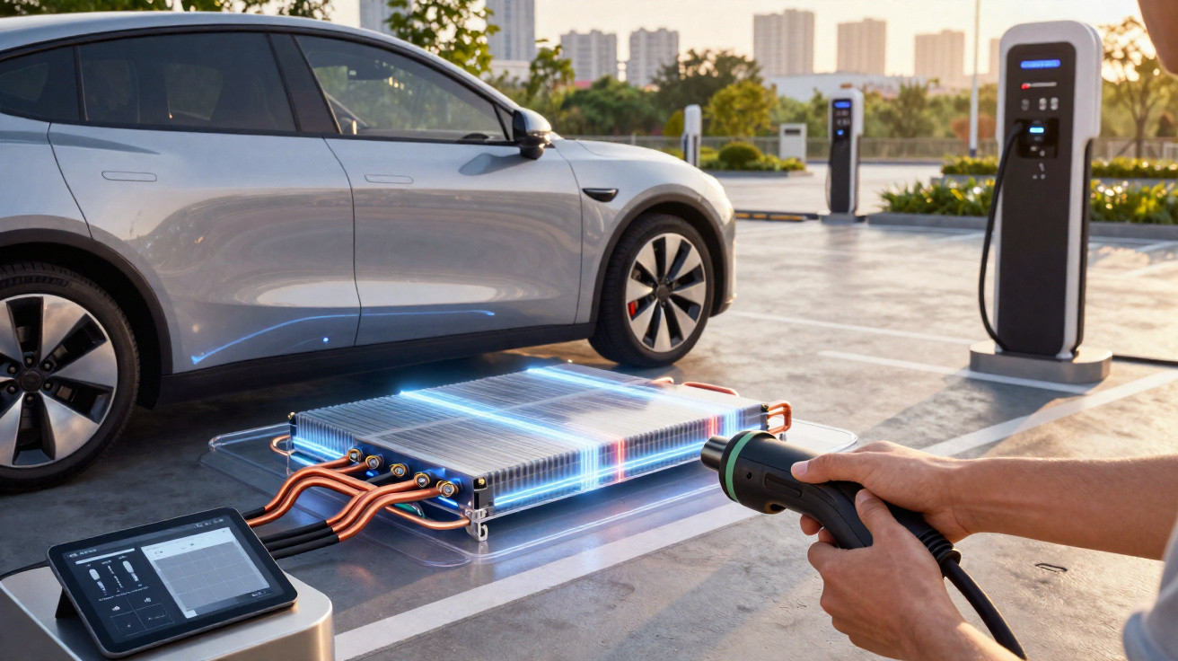 Electric car charging at a public station with a visible digital battery overlay and a person holding the charging plug.