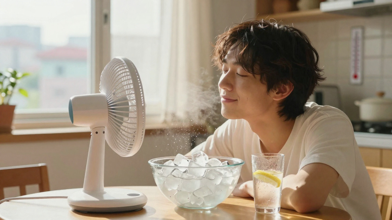 Young man enjoying cool mist from a fan aimed at a bowl of ice on a kitchen table.
