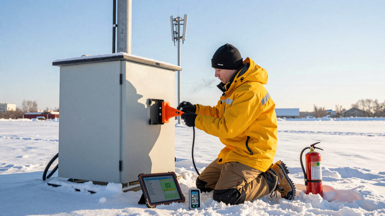 Person in yellow jacket kneeling in snow, working on electrical box with digital devices and fire extinguisher nearby.