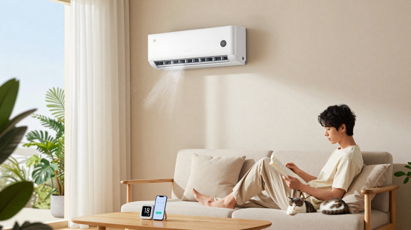 Person reading on sofa under a wall-mounted air conditioner with a cat lying beside them.