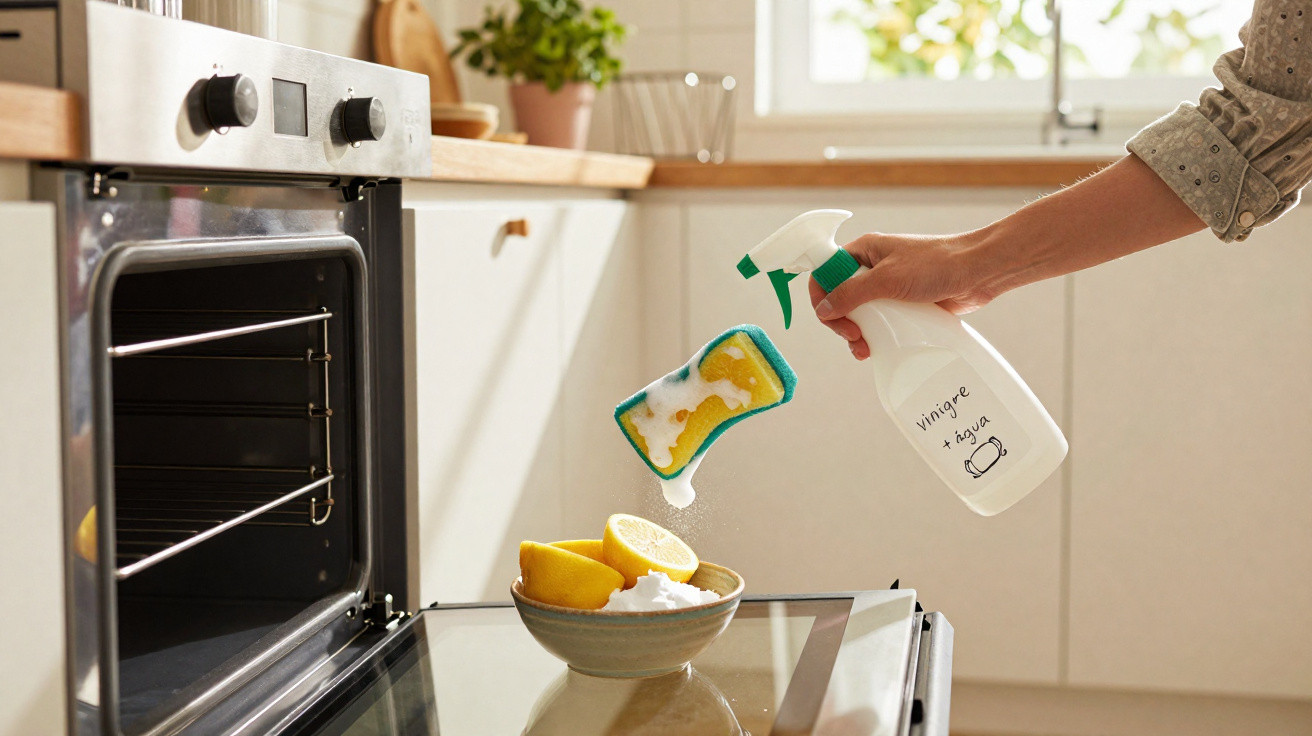 Hand holding spray bottle labelled vinegar + water with sponge over bowl of lemons and baking soda on oven door.